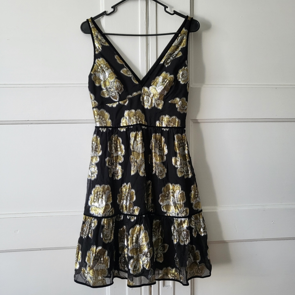 NWT J. Crew Collection Black Gold Silk Metallic Floral Gigi dress size 0